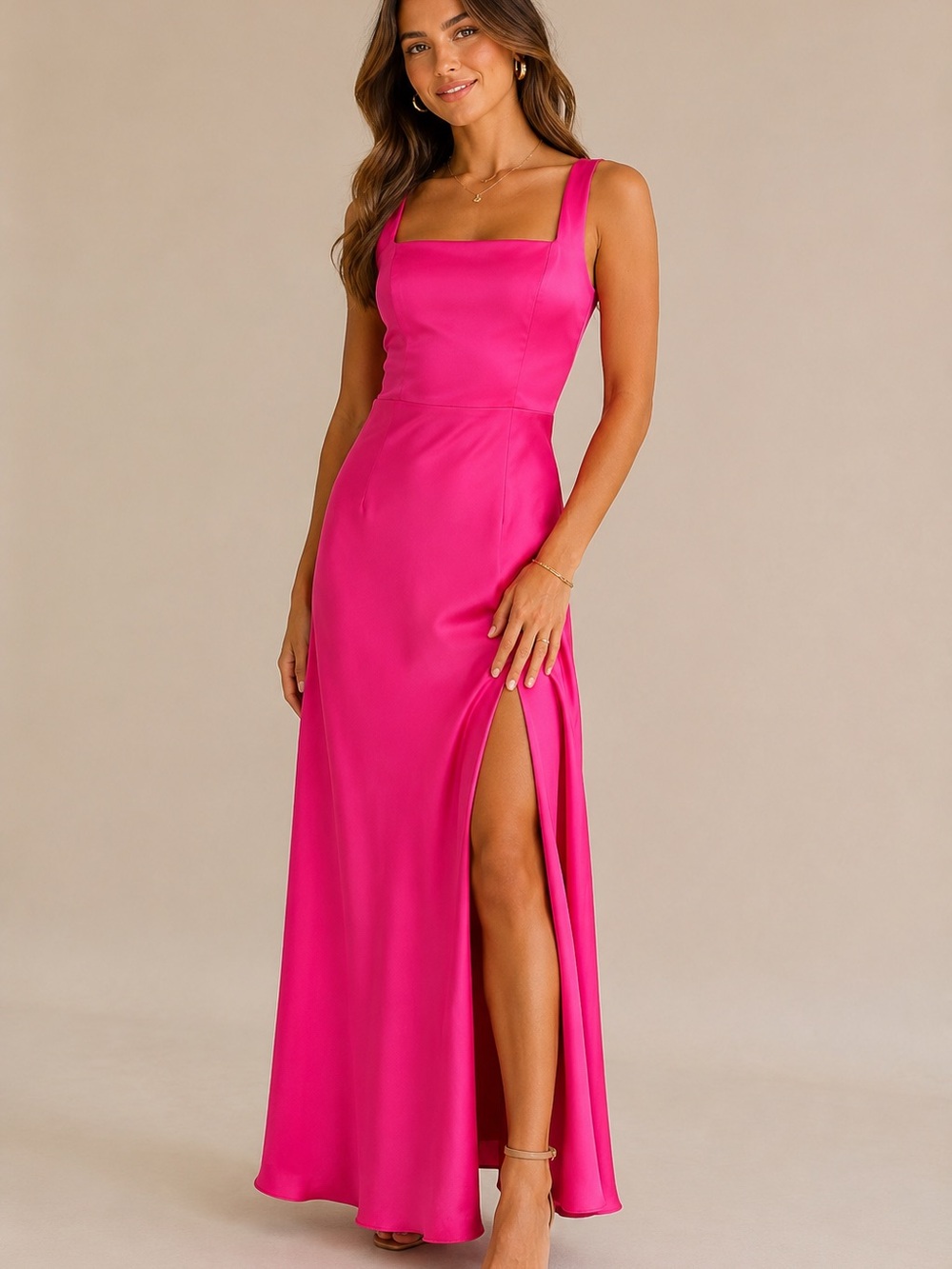 Birdy Grey Hot Pink Satin Maxi Dress Slit Wedding Guest Homecoming S